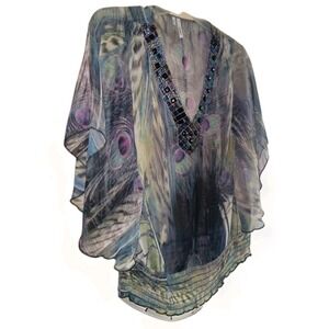 Studio Y Womens L Butterfly Feather Beaded Y2K Sheer Top Fairy Grunge Whimsigoth